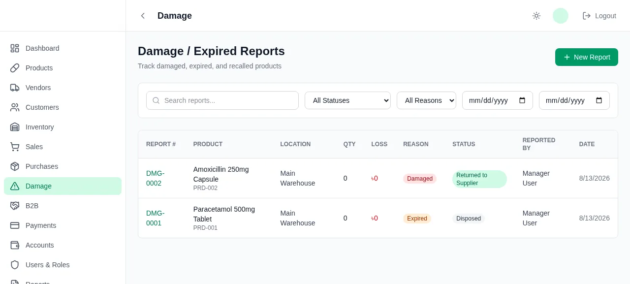 PharmacyChalai damage and expired stock reports with reasons and statuses