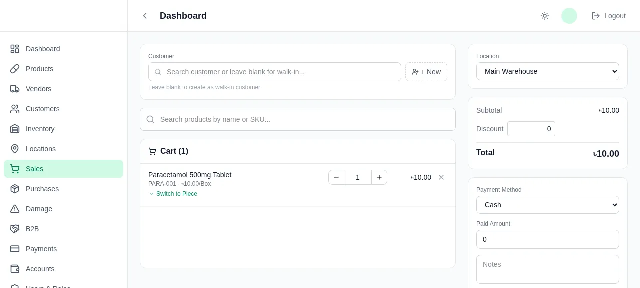 PharmacyChalai point of sale with customer search, a cart, discount and payment method